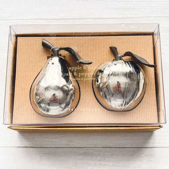 POTTERY BARN Apple & Pear Salt & Pepper Shakers Tabletop Silver HOLIDAY Decor 🍁 - Picture 2 of 12